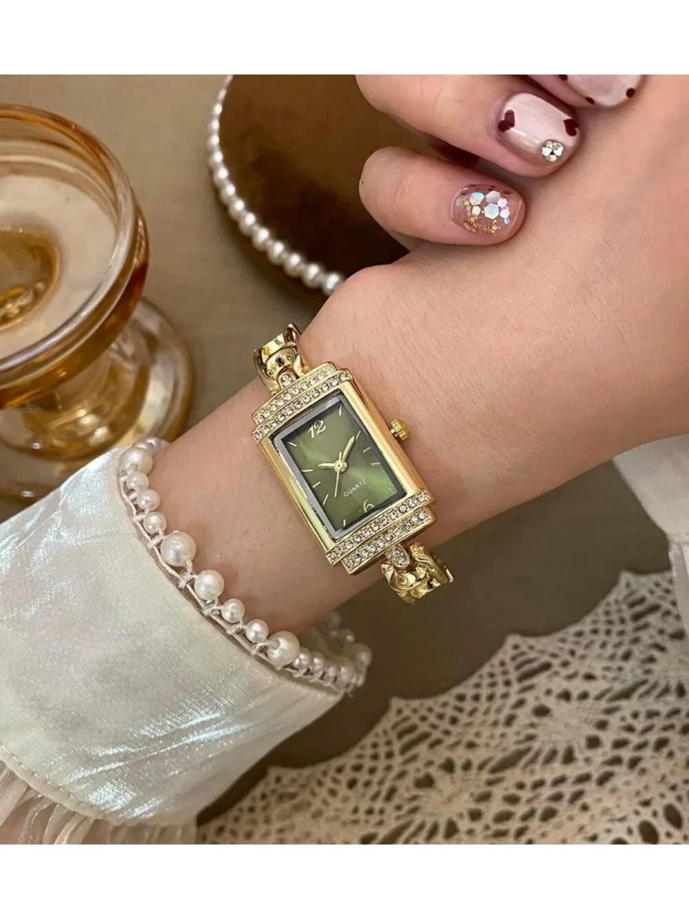 Women's Gold Green Vintage Rectangular Bracelet Luxury Crystal Quartz Wristwatch